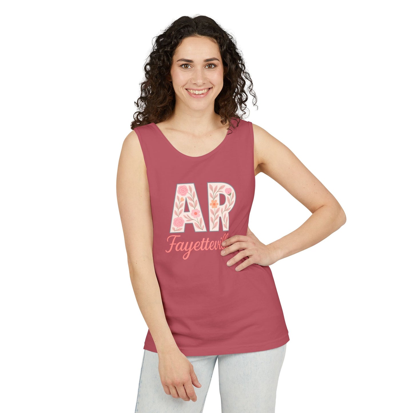 Fayetteville Floral Tank Top, Casual Summer Top, Gift for Her, Travel Apparel, Arkansas Style, Arkansas Student Gift, Graduation Gift, Comfort Colors