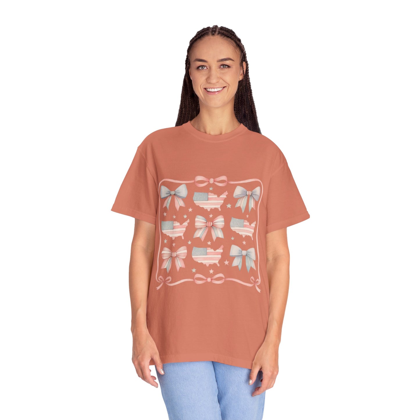 America Coquette Cute Bow Pattern Comfort Colors Unisex T-Shirt - 4th of July USA Celebration