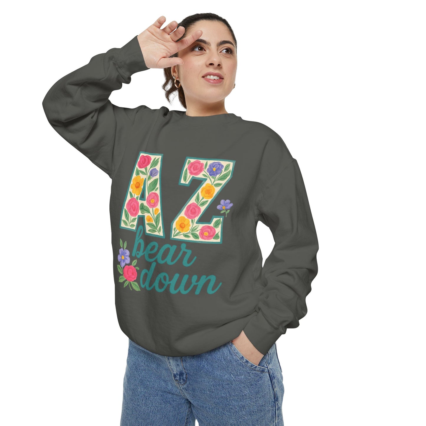 Arizona Floral Sweatshirt, Cozy Unisex Sweatshirt, Trendy Fall Layer, Gift for Him/Her, Sports Spirit Apparel, Bear Down AZ