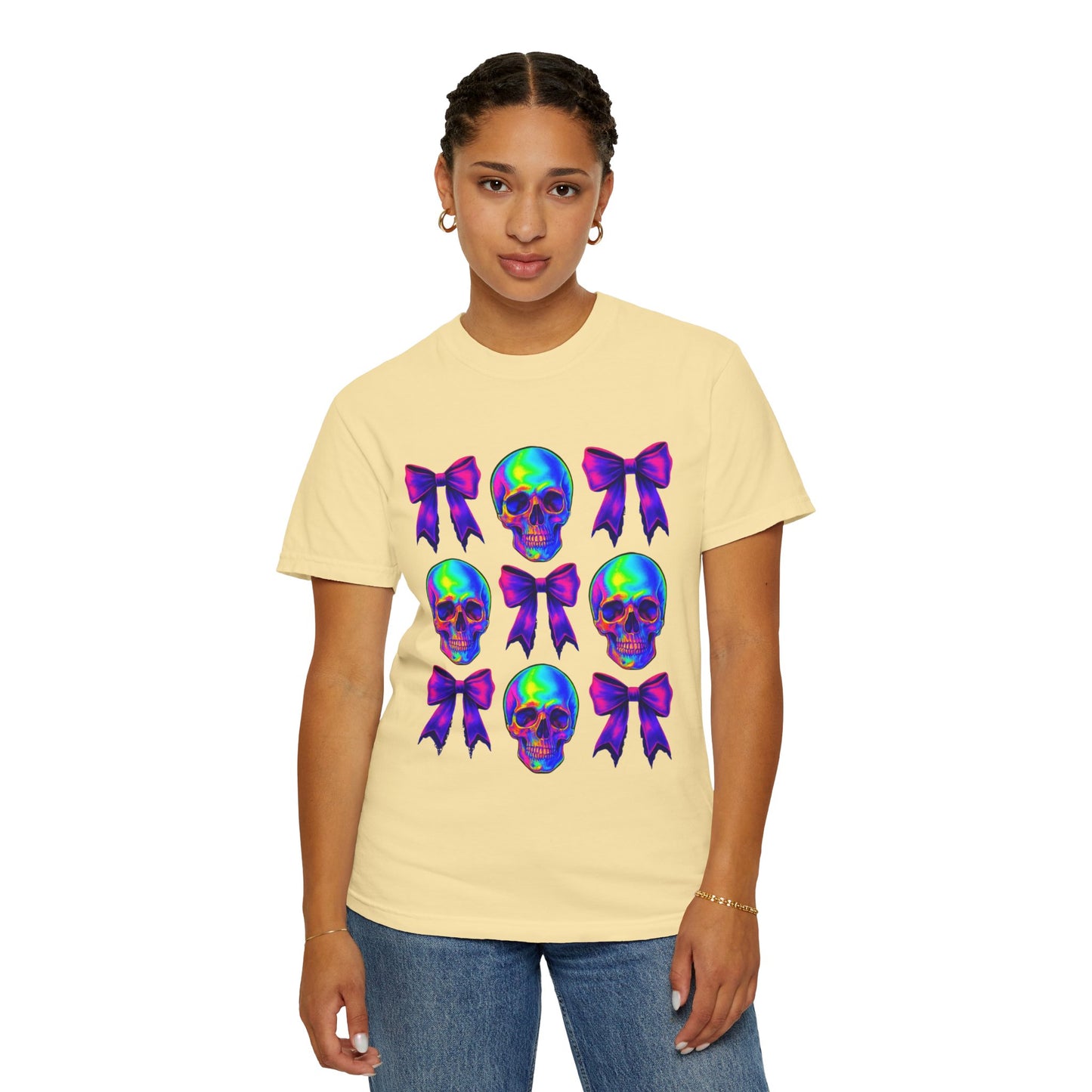 Neon Skull and Bow Unisex T-Shirt | Trendy Graphic Tee for Halloween, Festivals, Casual Wear, Gifts