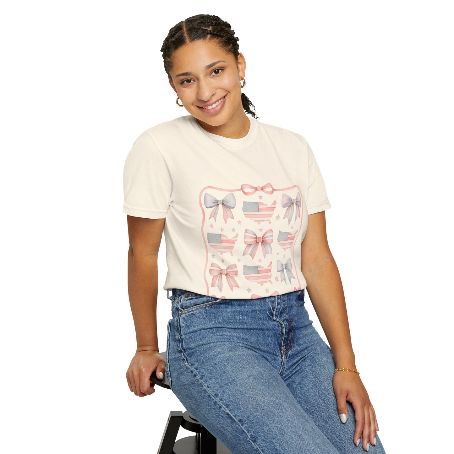 America Coquette Cute Bow Pattern Comfort Colors Unisex T-Shirt - 4th of July USA Celebration