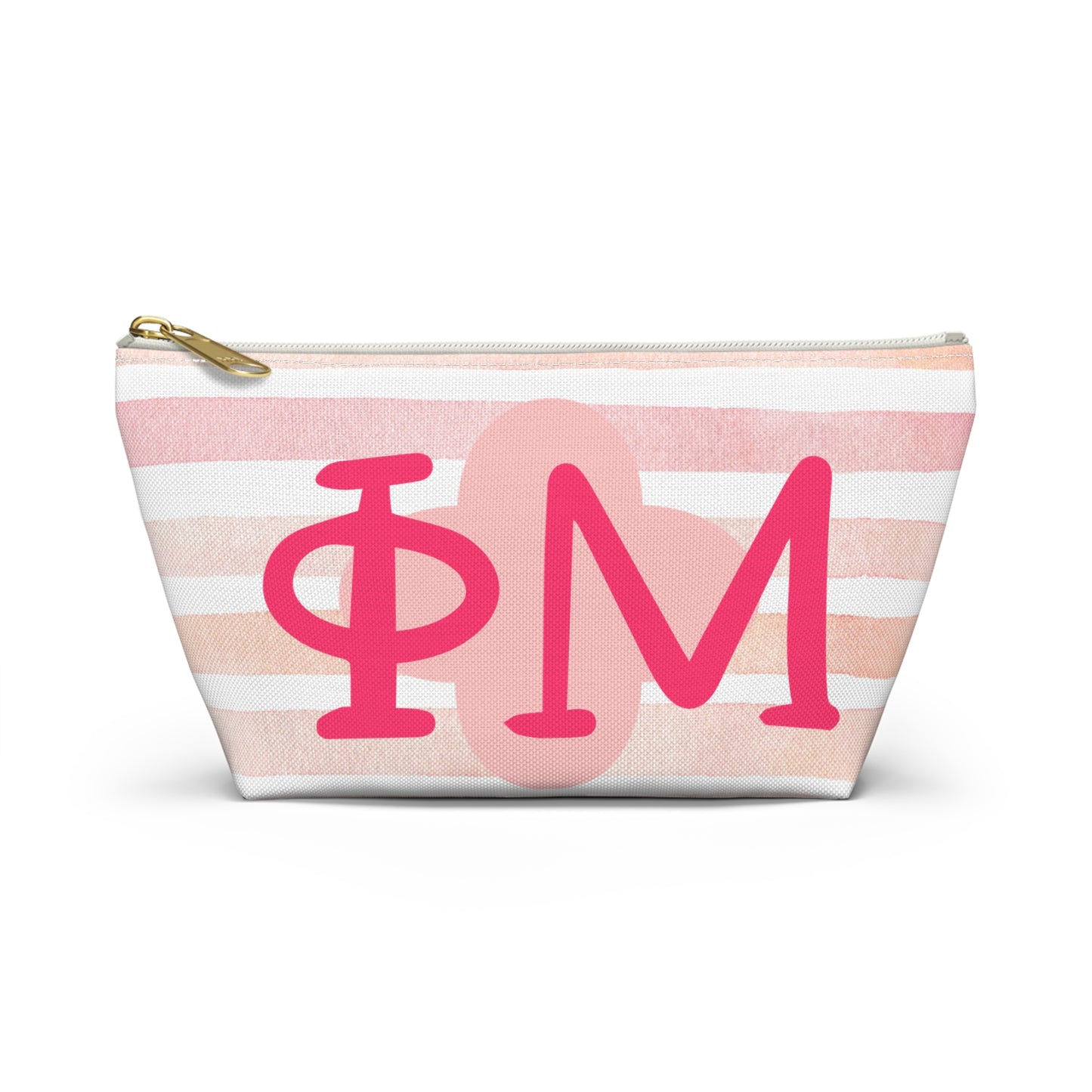 PHI mu Chic Accessory Pouch for Sorority Sisters, Cosmetic Bag, Makeup Organizer, Gift for College Graduates, Pink Stripes