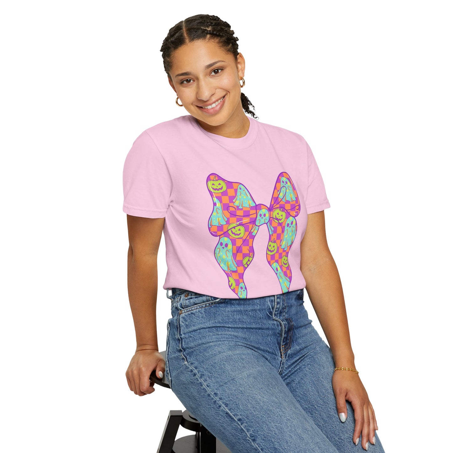 Neon Checkered Ghost Bow T-Shirt - Fun Lovers Halloween Unisex Tee