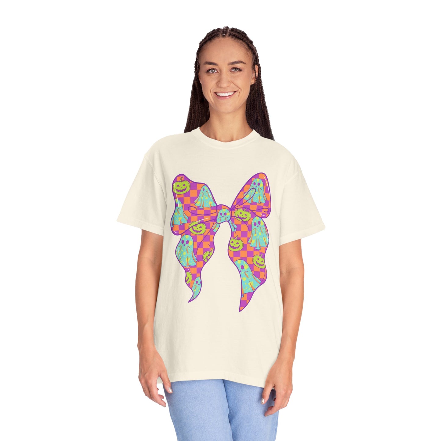 Neon Checkered Ghost Bow T-Shirt - Fun Lovers Halloween Unisex Tee