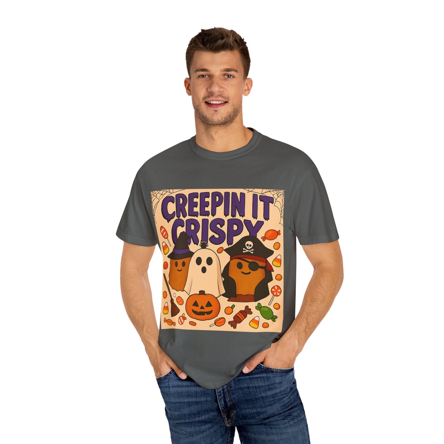 Halloween Themed T-Shirt, Creepin It Crispy T-Shirt, Unisex Shirt for Fall, Cute Halloween Tee, Festive Ghost & Candy Design
