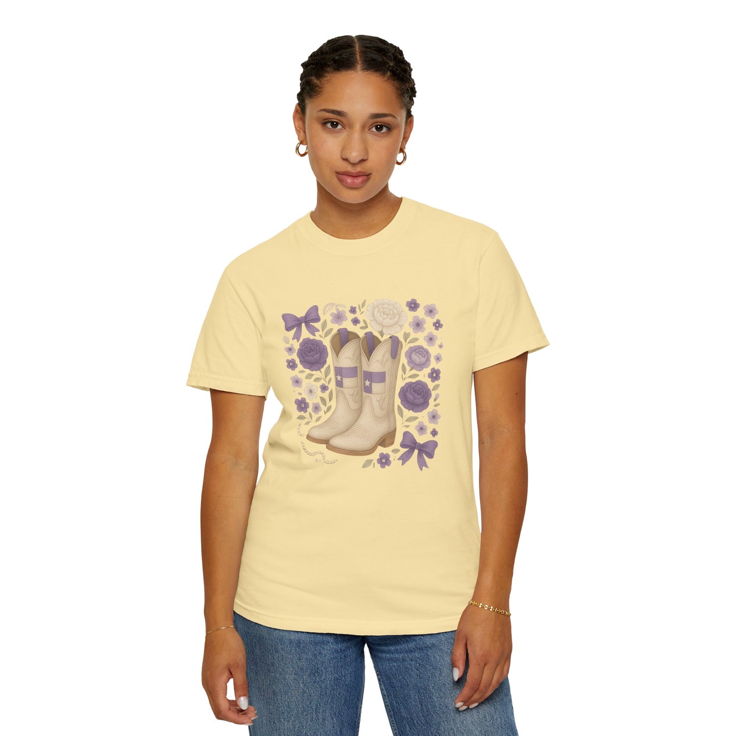 Whimsical Floral Boots Unisex T-Shirt | Casual Style, Gift for Her, Texas Christian University, TCU Frogs, Comfort Colors, Texas Fan gift, Graduation Gift