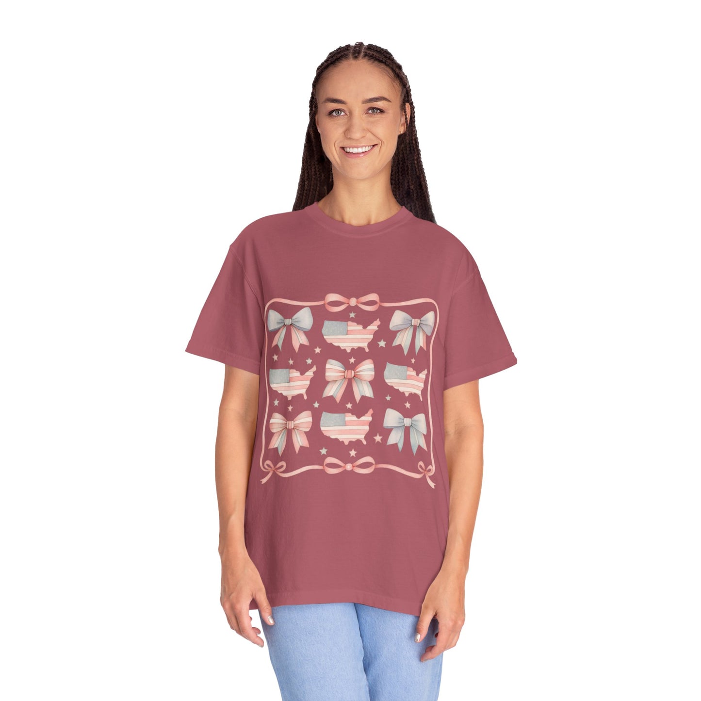America Coquette Cute Bow Pattern Comfort Colors Unisex T-Shirt - 4th of July USA Celebration