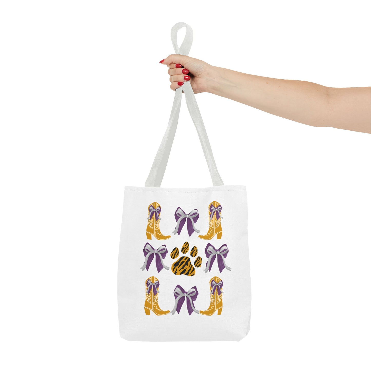 LSu coquette bow Print Tote Bag, Eco-Friendly Fashion Bag, lsu tiger fan, louisiana game day, geaux tigers, college student gift, graduation gift