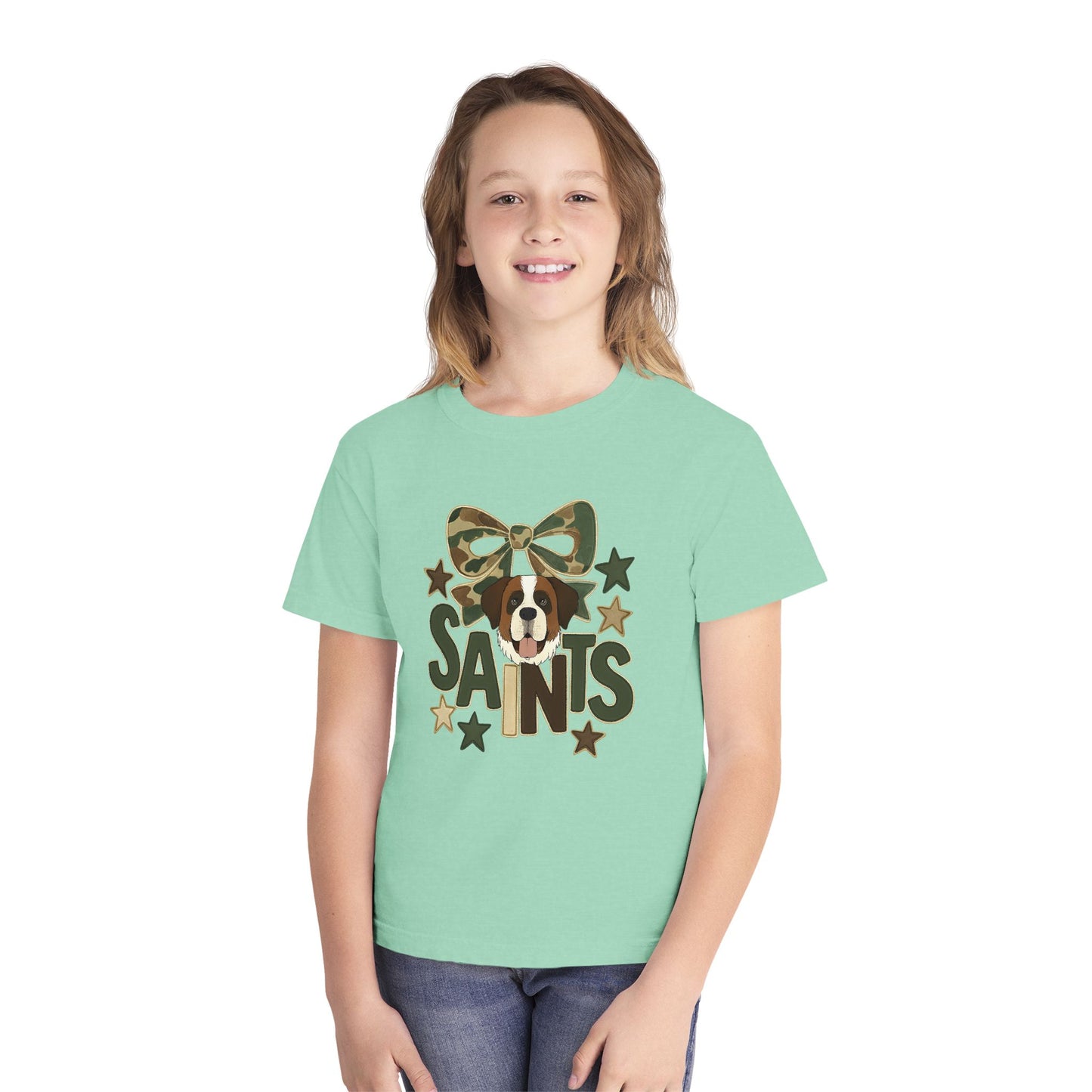 Camo Saints Youth Tee, Fun T-Shirt for Dog Lovers, Kids Outdoor Adventure Gear, Birthday Gift, Casual Wear
