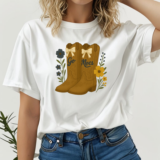 Chatt Mocs Coquette Cowgirl Boot Floral T-Shirt - Go Mocs Design, Casual Wear, Gift for Cowgirls, Western Style, Country Fan Clothing, Go Mocs, chatt tn game day, graduation gift