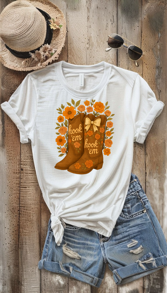 Tx Hook Em Floral Cowboy Boot T-Shirt, Hook 'Em Tee, Autumn Apparel, Country Style, Gift for Her, tx longhorns, texas fan gift, hook em horns, graduation gift, college student gift