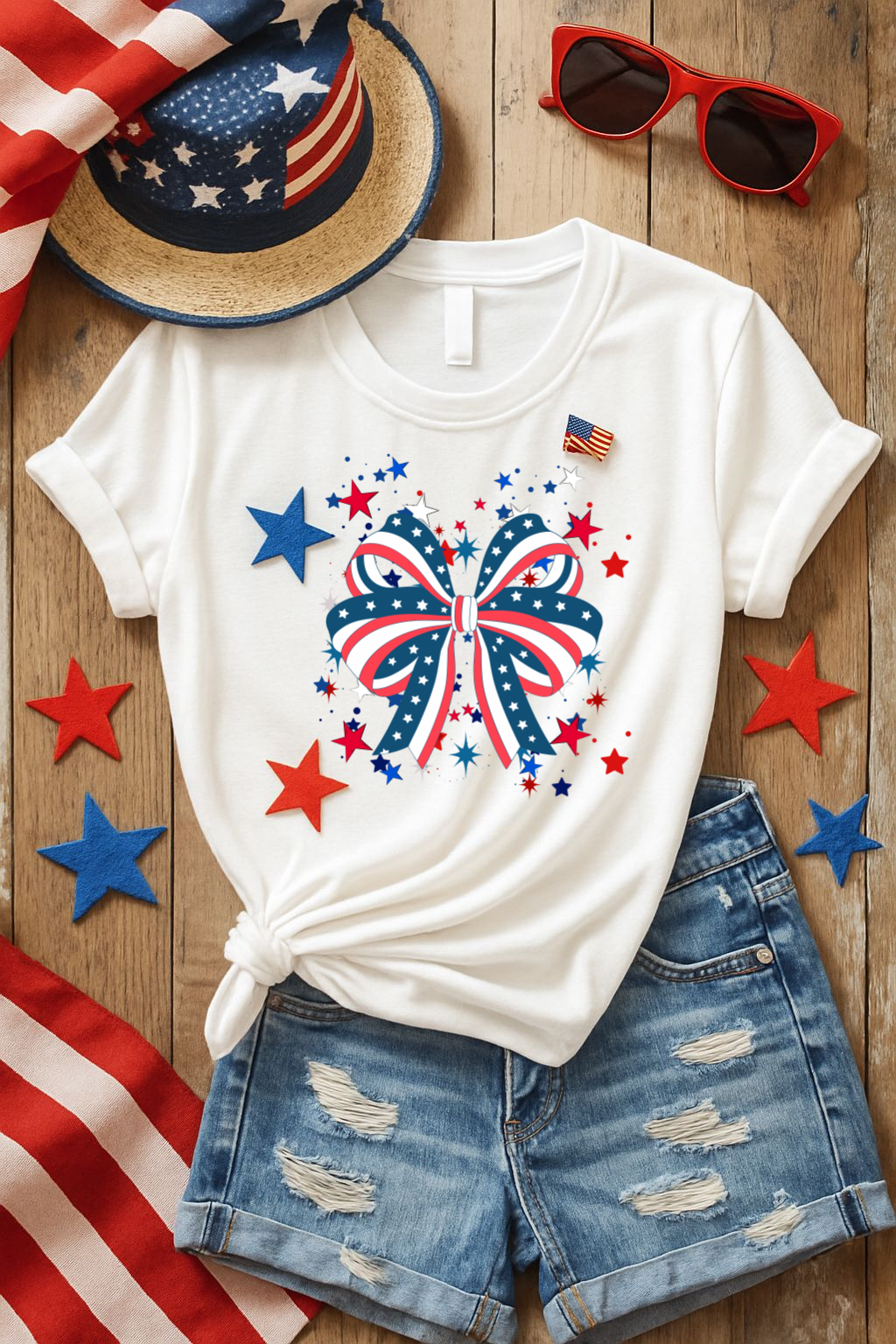 Patriotic Bow T-Shirt for Celebrations, 4th of July, Summer BBQ, Casual Outfit, Gift for Her, Unisex Softstyle Tee