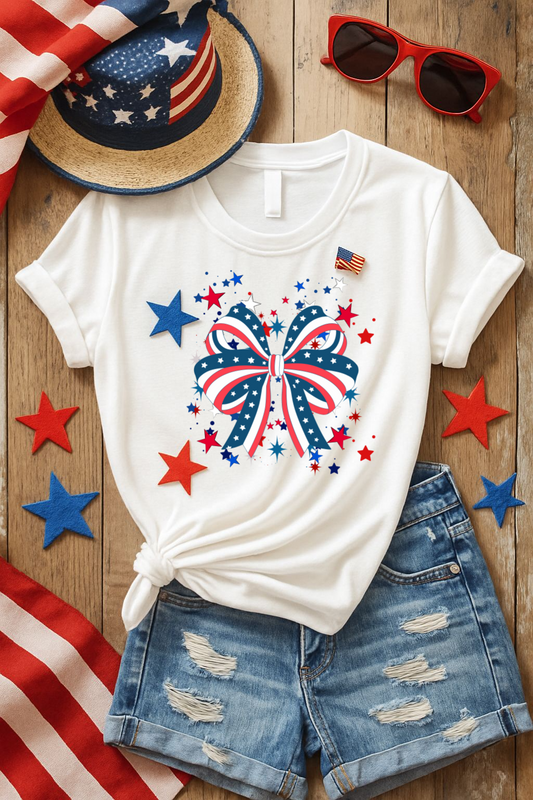 Patriotic Bow T-Shirt for Celebrations, 4th of July, Summer BBQ, Casual Outfit, Gift for Her, Unisex Softstyle Tee