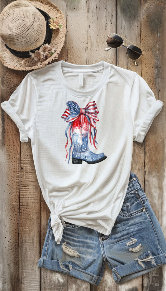 Patriotic Cowboy Boot T-Shirt | Unisex Softstyle Tee for Independence Day