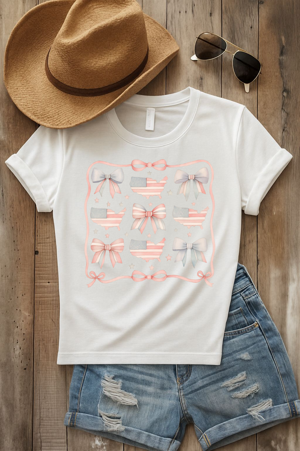 America Coquette Cute Bow Pattern Comfort Colors Unisex T-Shirt - 4th of July USA Celebration