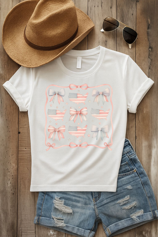 America Coquette Cute Bow Pattern Comfort Colors Unisex T-Shirt - 4th of July USA Celebration