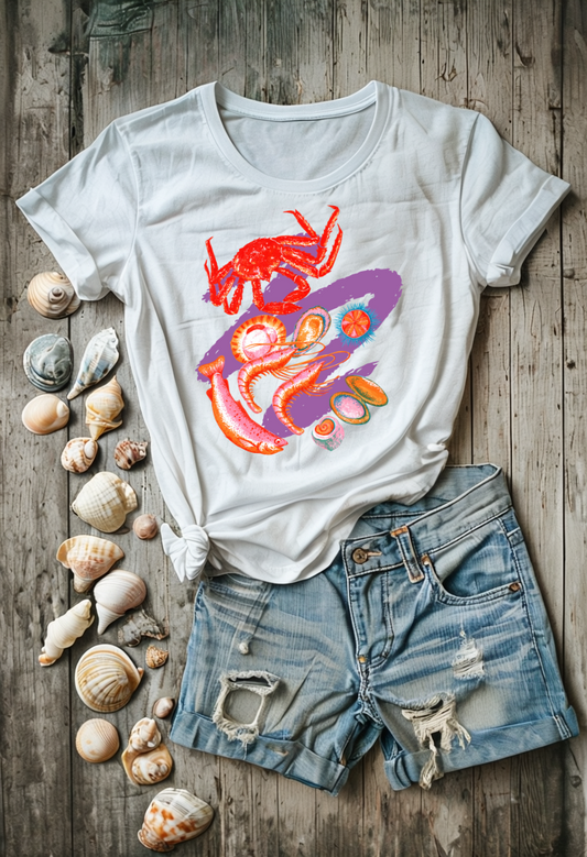 Comfort Colors Vibrant Seafood T-Shirt, French Coastal Tee, Distressed Shirt, Oversized Coquette Aesthetic, Nautical Style