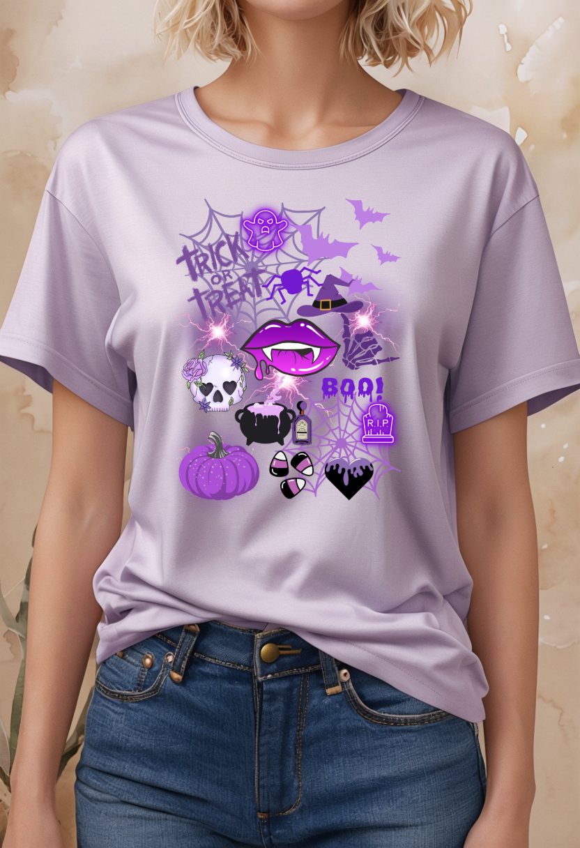 Spooky Purple Vibes Halloween Graphic T-Shirt, Fun Unisex Tee for Spooky Season, Trick or Treat, Boo! Shirt, Halloween Party Wear, Gift Idea