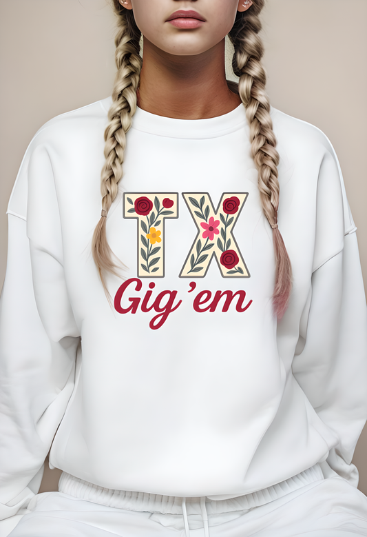 Texas Floral Crewneck Sweatshirt, Cozy Texas Sweatshirt, TX Gig'em Gift, Unisex Sweatshirt for Gamers, Floral Crew Neck for Casual Wear