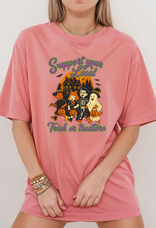 Halloween Support T-Shirt, Youth Trick or Treat Shirt, Garment-Dyed Tee for Kids, Spooky Season Apparel, Holiday Party Top, Fun Costume Wear