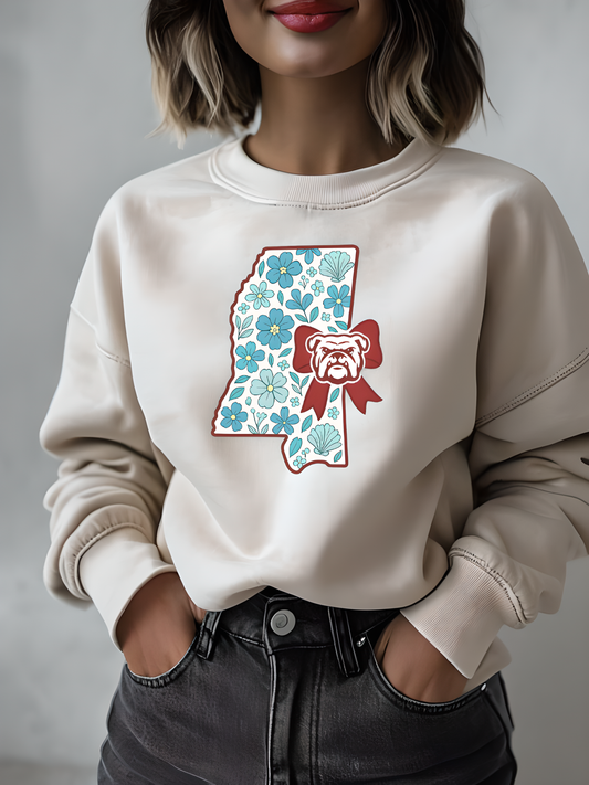 Mississippi Flower Bulldog Crewneck Sweatshirt, Cozy Sweatshirt for Fall, Gift for Dog Lovers, College Apparel, Casual Fashion