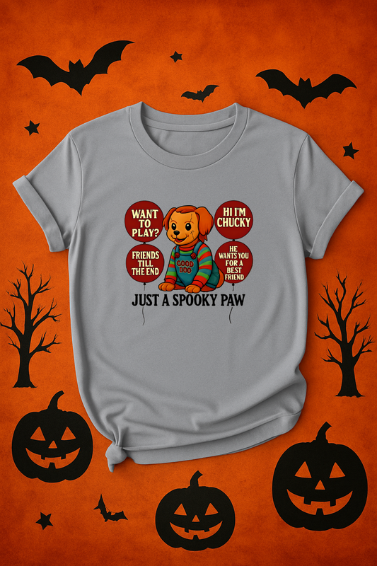 Spooky Graphic T-shirt, Halloween Costume Top, Unisex Tee, Funny Chucky Shirt, Gift for Horror Fans, Cute Spooky Apparel
