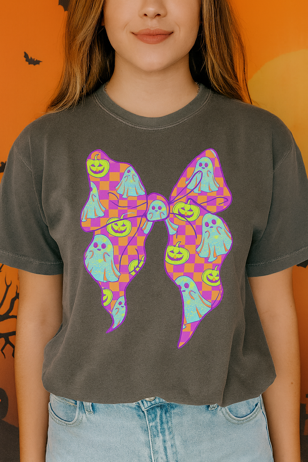 Neon Checkered Ghost Bow T-Shirt - Fun Lovers Halloween Unisex Tee