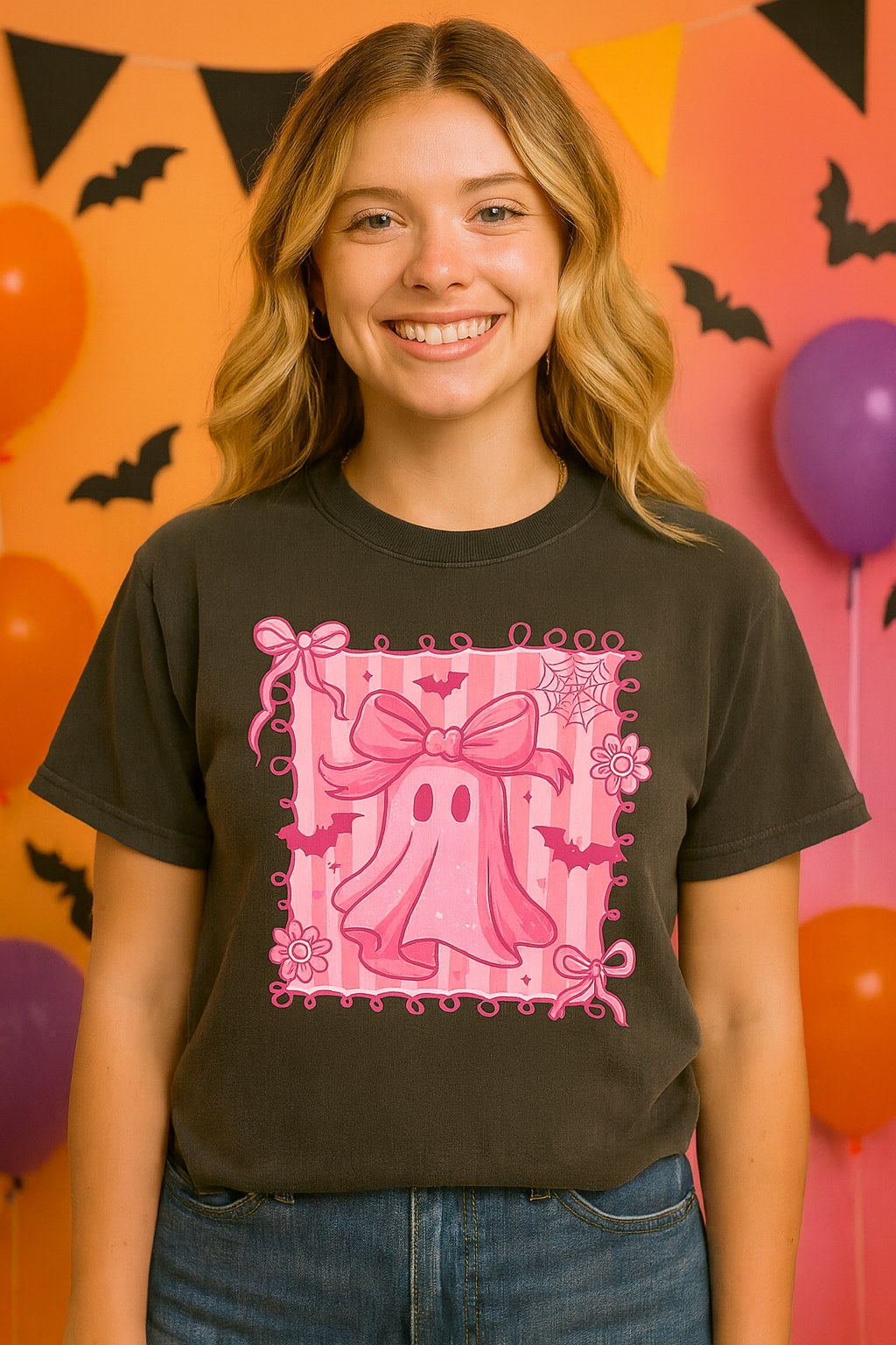 Cute Pink Ghost Graphic T-Shirt, Pink Halloween Tee, Unisex Garment-Dyed Top, Spooky Style for Fall, Trick or Treat Fashion