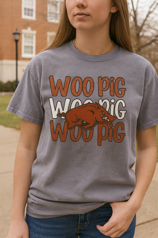 Woo Pig Garment-Dyed T-Shirt, Unisex Tee, Arkansas Pride Shirt, Casual Everyday Wear, College Game Day Tee, Fun Graphic Tee