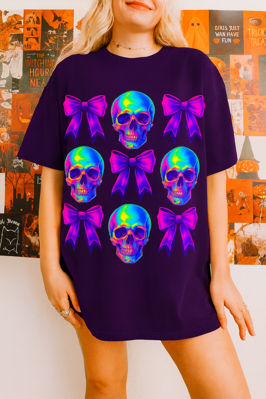 Neon Skull and Bow Unisex T-Shirt | Trendy Graphic Tee for Halloween, Festivals, Casual Wear, Gifts