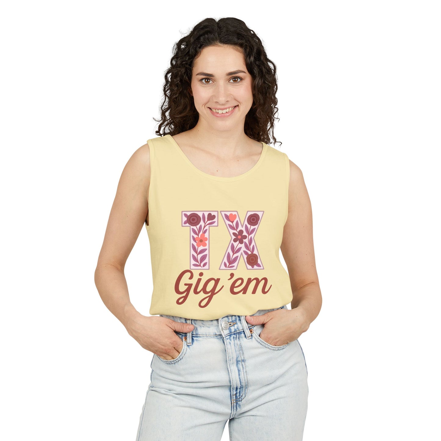 Texas Gig 'Em Tank Top, Unisex Summer Apparel, Cute Floral Design, Perfect for College Fans, Gifts, Comfort Colors, Graduation Gift