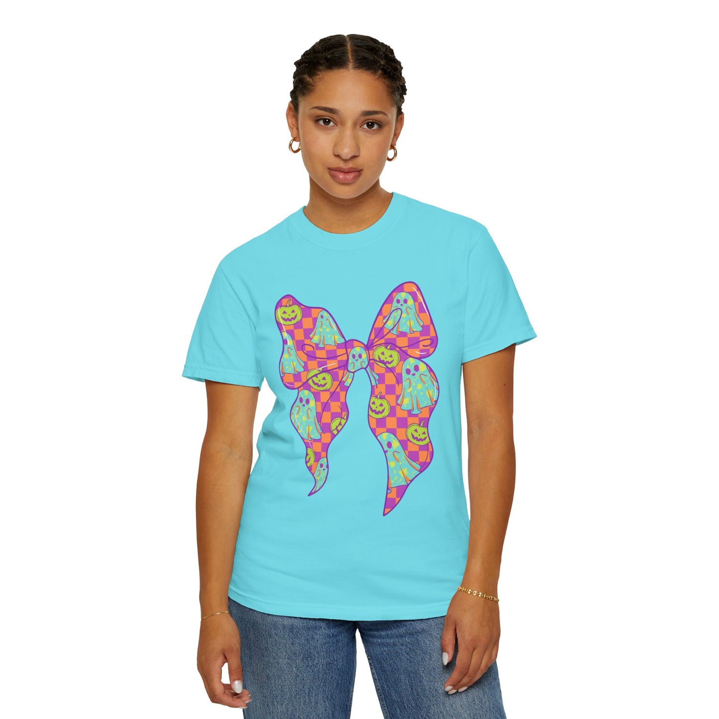 Neon Checkered Ghost Bow T-Shirt - Fun Lovers Halloween Unisex Tee