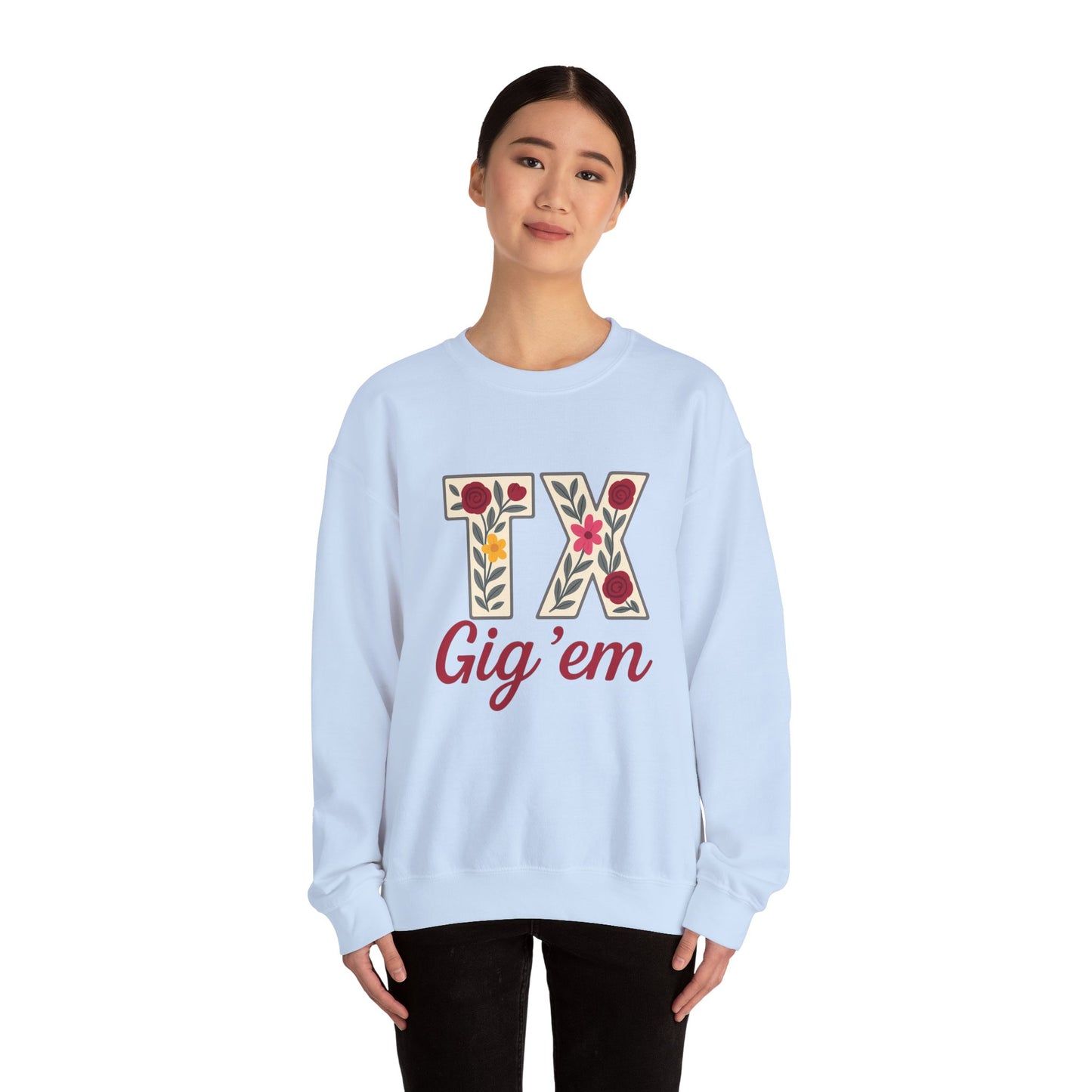 Texas Floral Crewneck Sweatshirt, Cozy Texas Sweatshirt, TX Gig'em Gift, Unisex Sweatshirt for Gamers, Floral Crew Neck for Casual Wear
