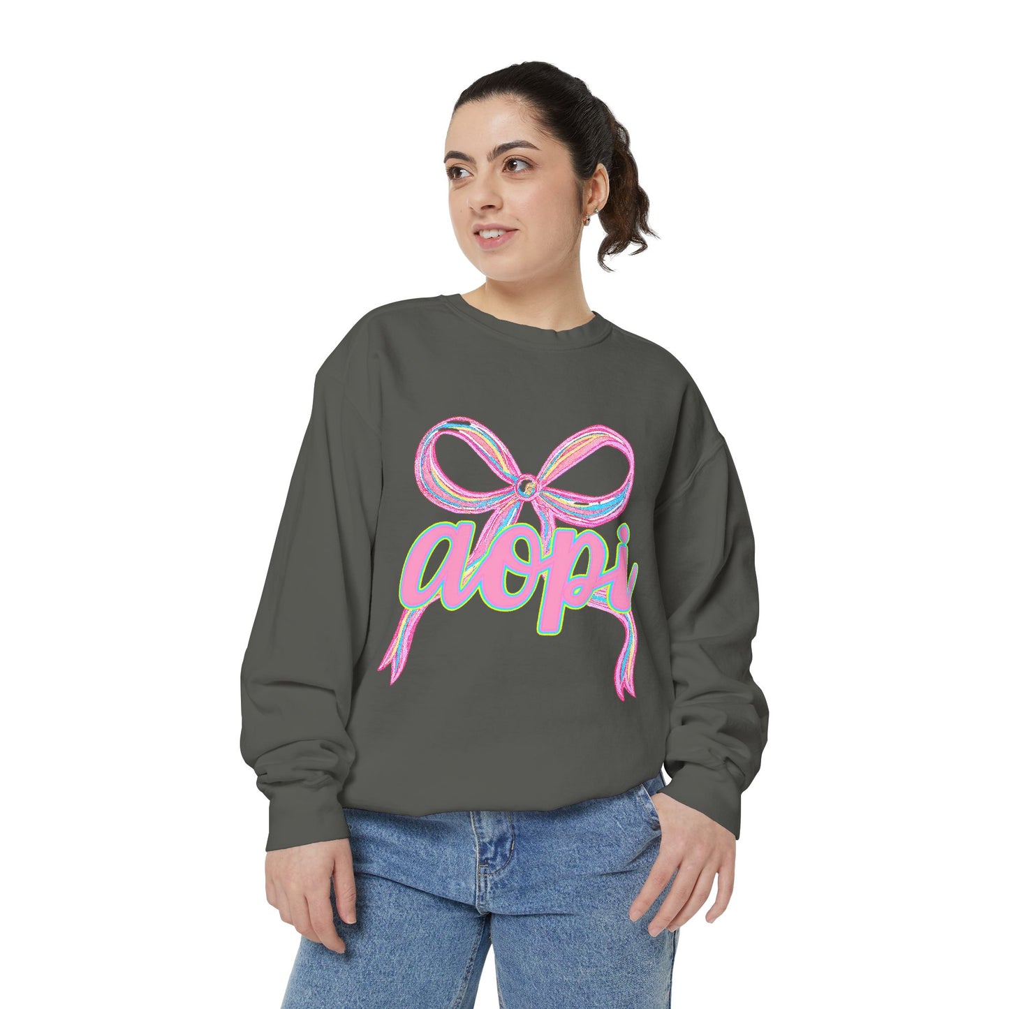 Pastel Bow Sweatshirt with aopi Design, Cozy Unisex Sweatshirt, Gift for Sorority Sisters, Casual Chic Apparel, Best Friend Outfit