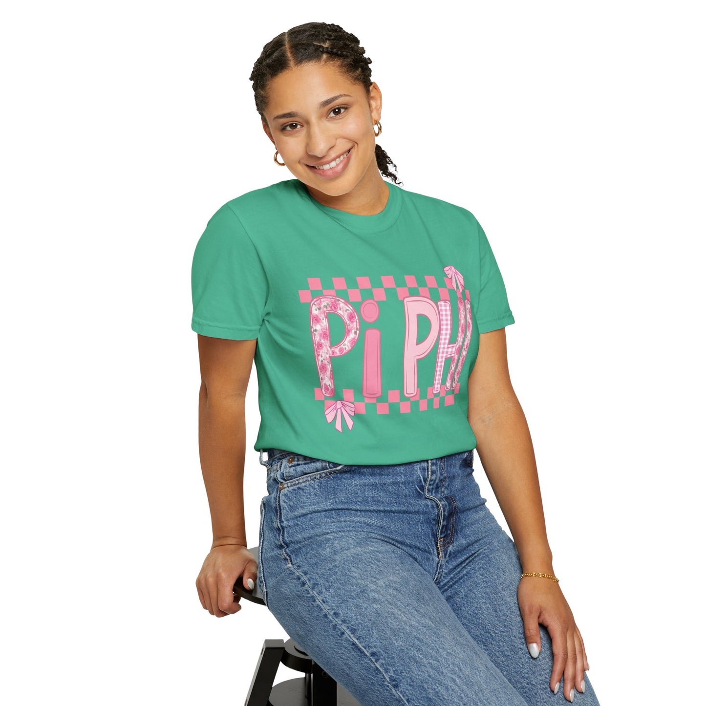 Cute Garment-Dyed T-Shirt for Sorority Sisters, Pi -Checked Style, Perfect for Casual Outings, Sorority Events, Gifts