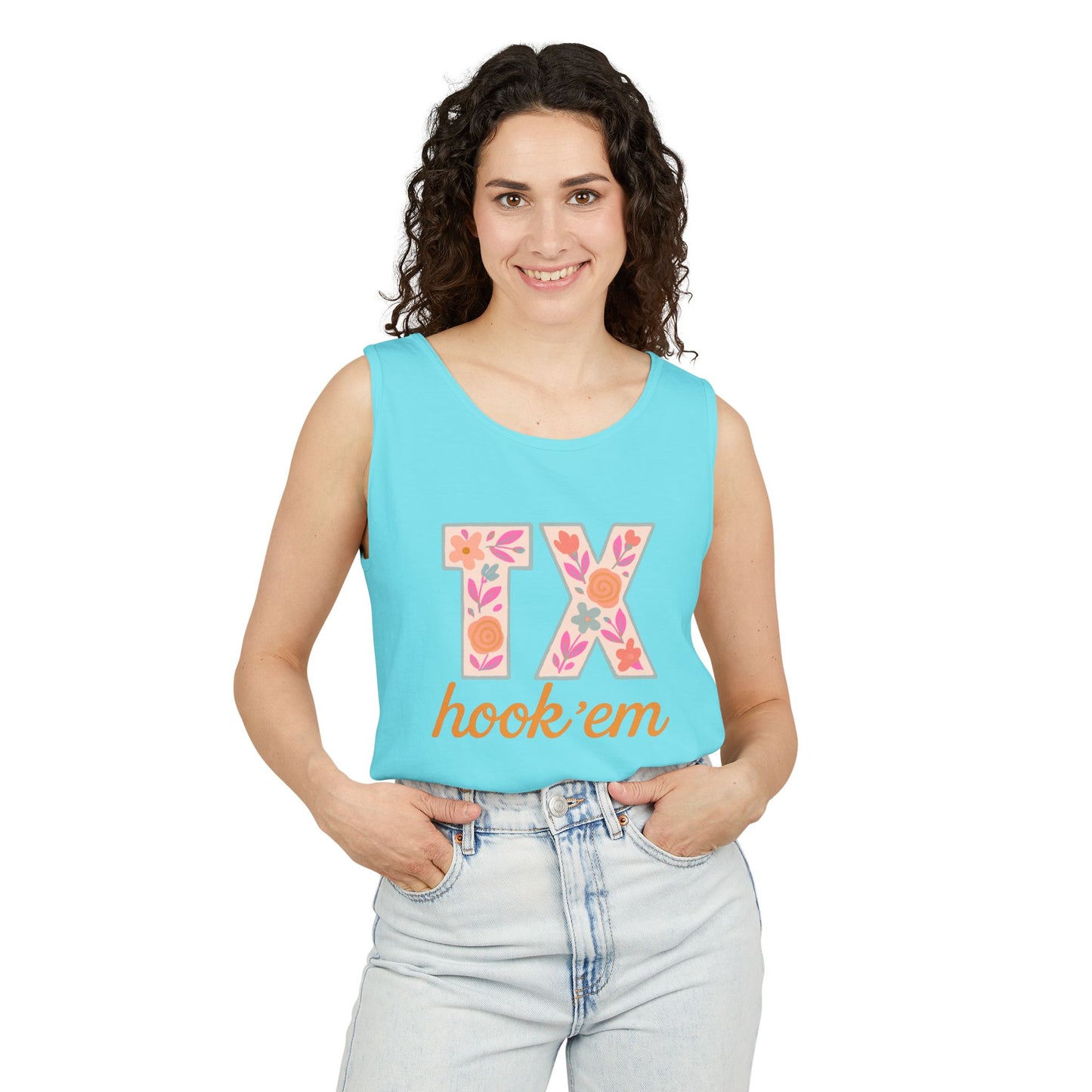 Texas Floral Hook 'Em Unisex Tank Top, Summer Vibe, Casual Wear, College Gear, Gift for Graduates, Texas Pride Apparel, Comfort Colors, Graduation Gift