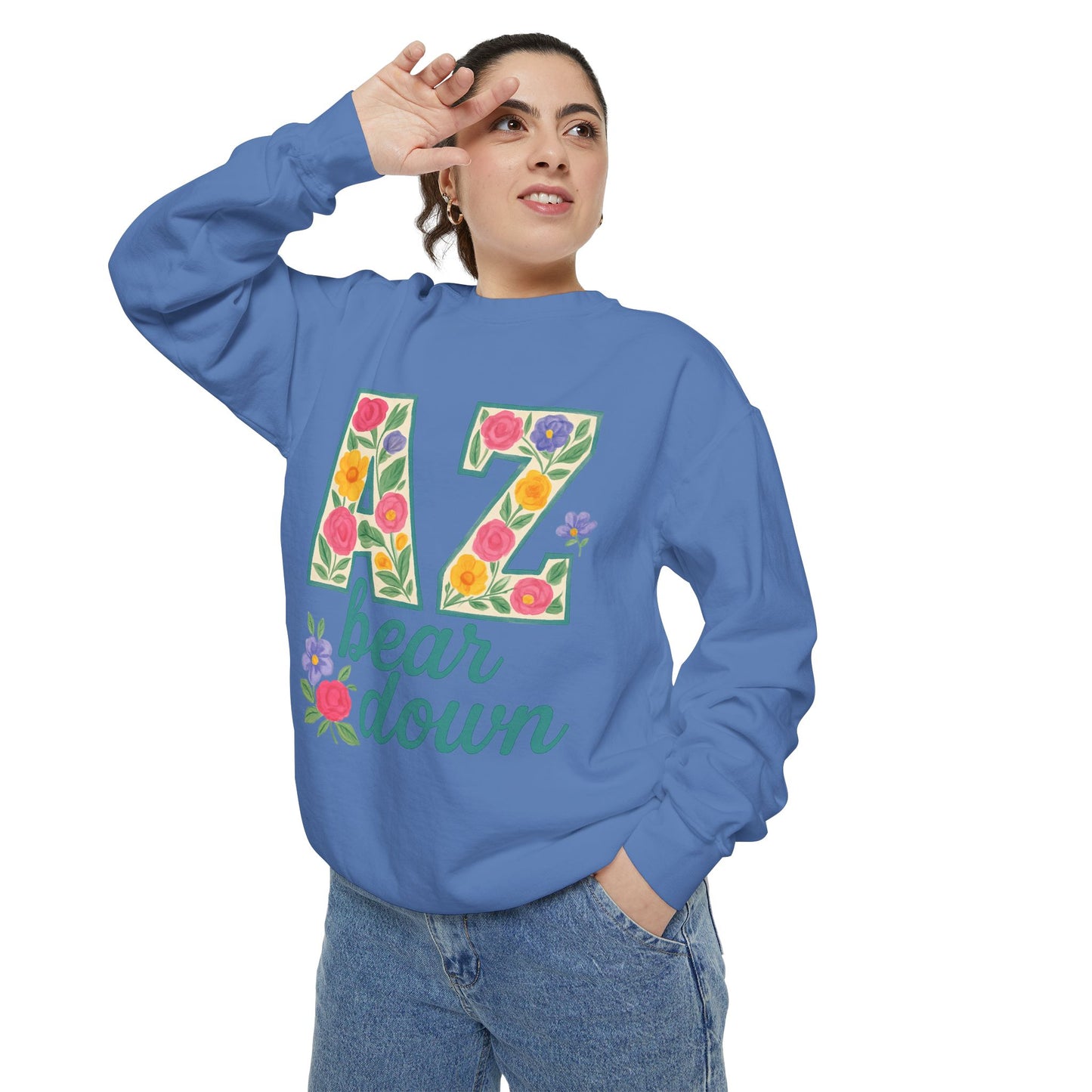Arizona Floral Sweatshirt, Cozy Unisex Sweatshirt, Trendy Fall Layer, Gift for Him/Her, Sports Spirit Apparel, Bear Down AZ