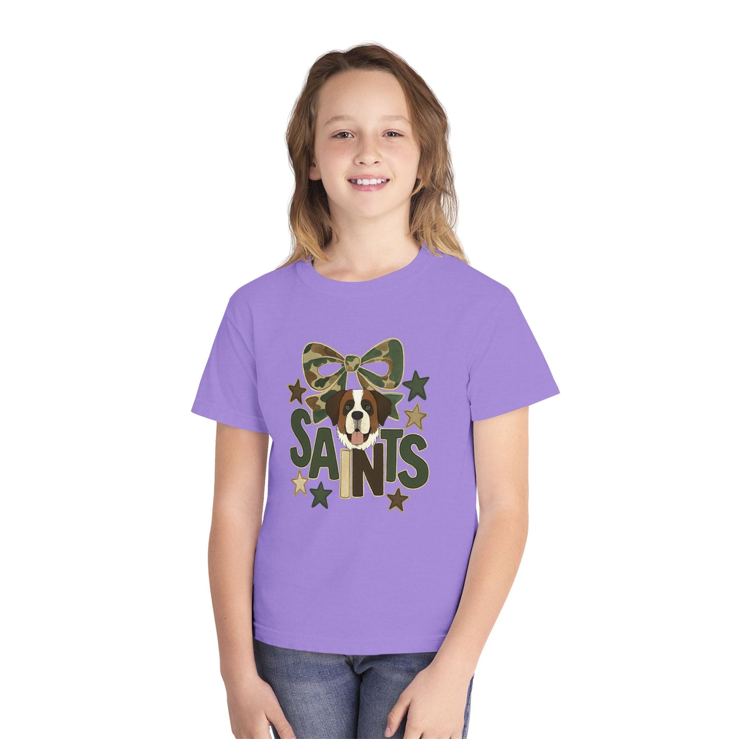 Camo Saints Youth Tee, Fun T-Shirt for Dog Lovers, Kids Outdoor Adventure Gear, Birthday Gift, Casual Wear