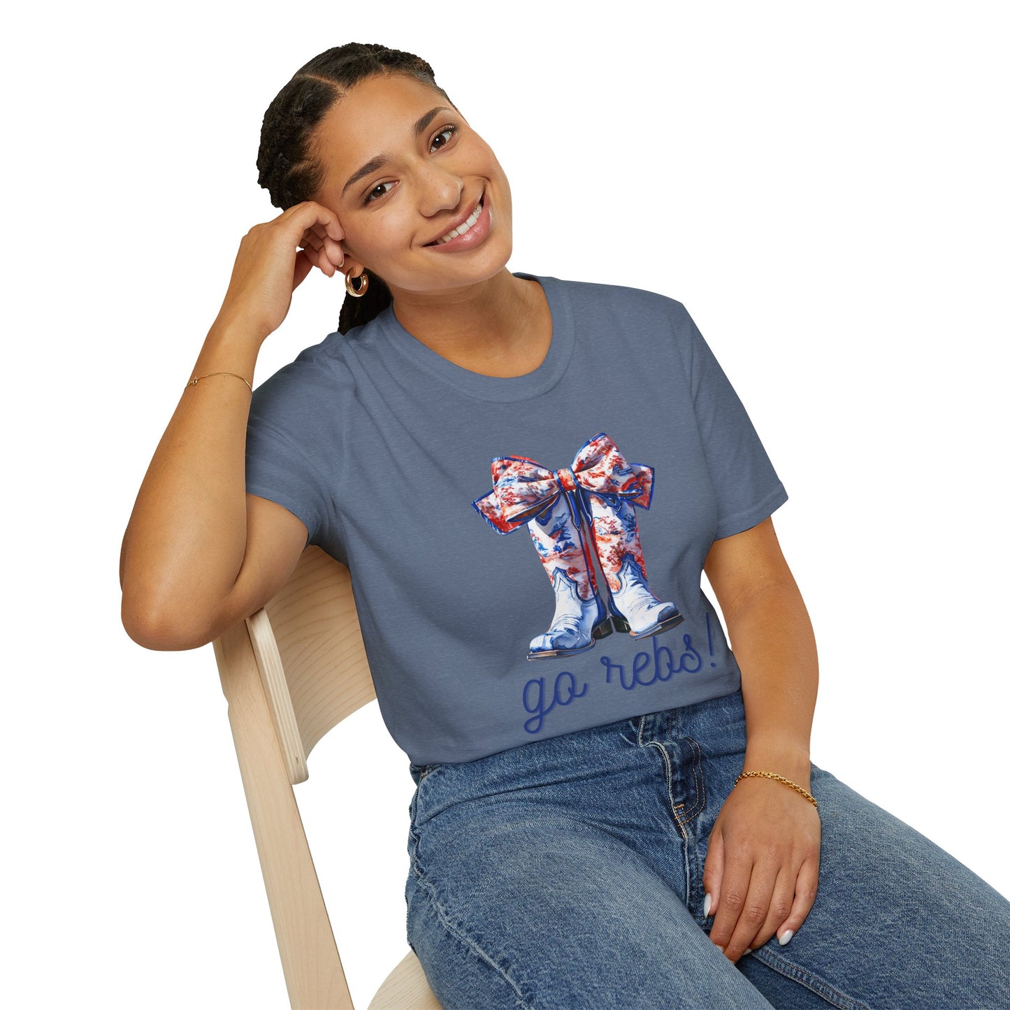 , go Rebs  Cheerful Unisex Softstyle T-Shirt with Bow Design | Gift for Sports Fans, Casual Wear, Team Spirit, Game Day Shirt, Cheerleading Top
