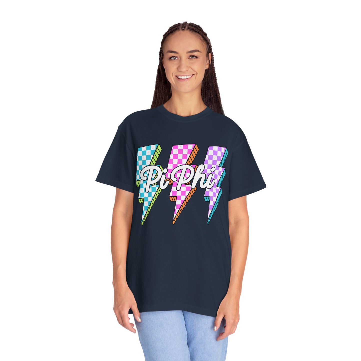 PB Phi Lightning Bolt Unisex T-shirt | Vibrant Greek Life Apparel, Unique Gift for Sorority Sisters, Casual Wear, Celebrating Sisterhood