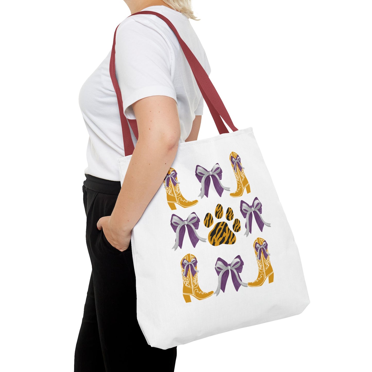 LSu coquette bow Print Tote Bag, Eco-Friendly Fashion Bag, lsu tiger fan, louisiana game day, geaux tigers, college student gift, graduation gift