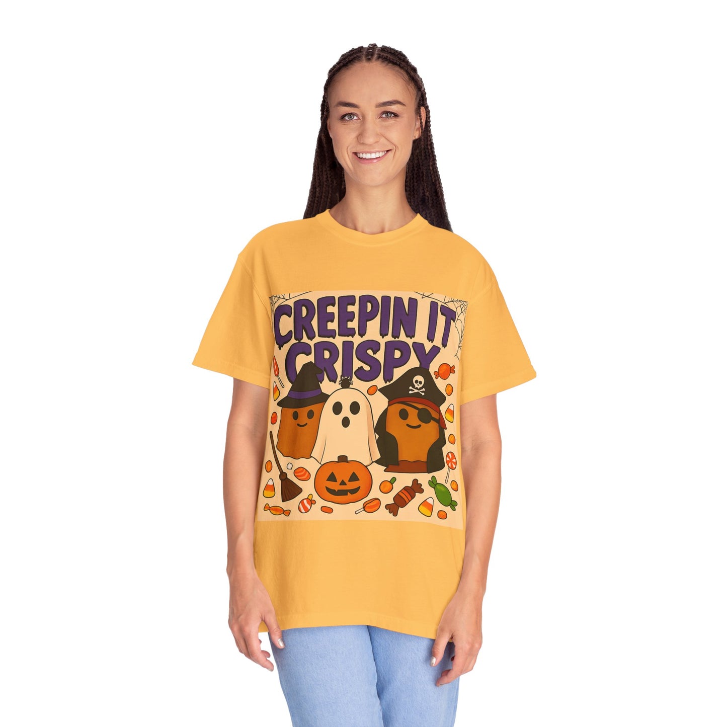 Halloween Themed T-Shirt, Creepin It Crispy T-Shirt, Unisex Shirt for Fall, Cute Halloween Tee, Festive Ghost & Candy Design