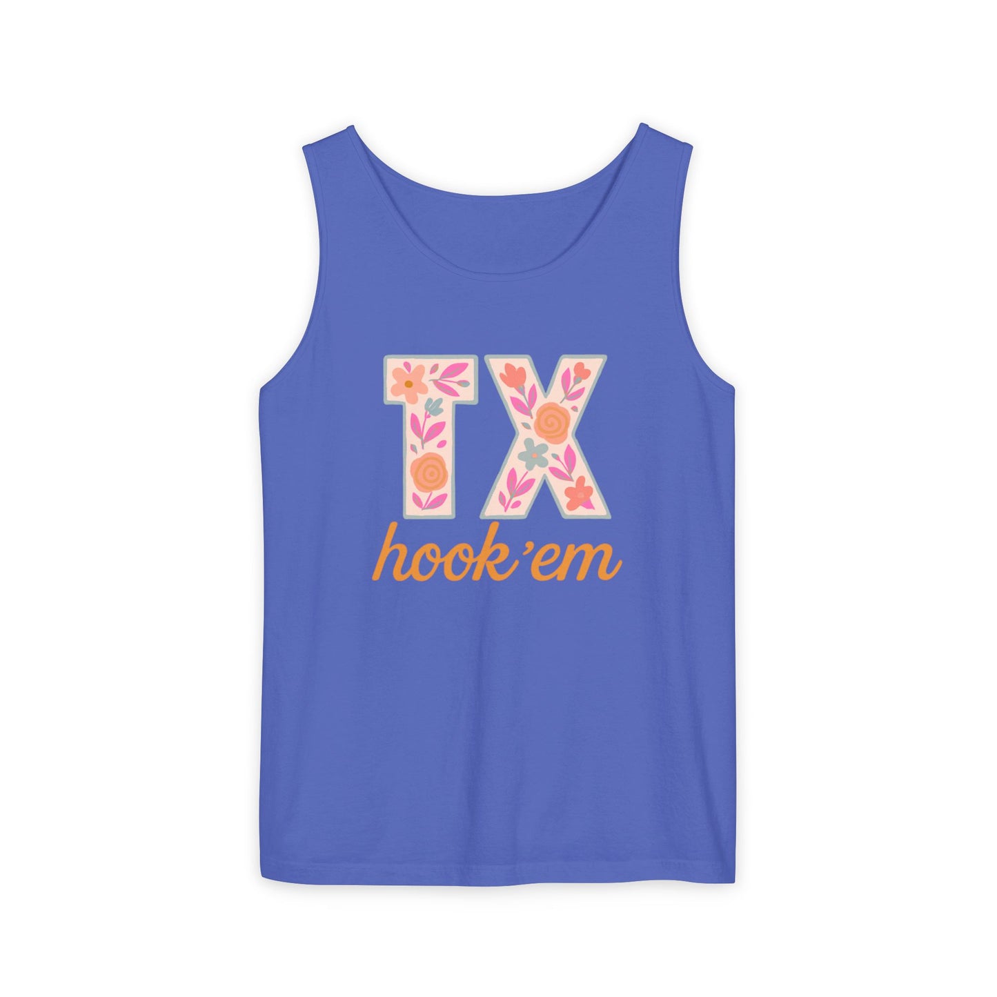 Texas Floral Hook 'Em Unisex Tank Top, Summer Vibe, Casual Wear, College Gear, Gift for Graduates, Texas Pride Apparel, Comfort Colors, Graduation Gift