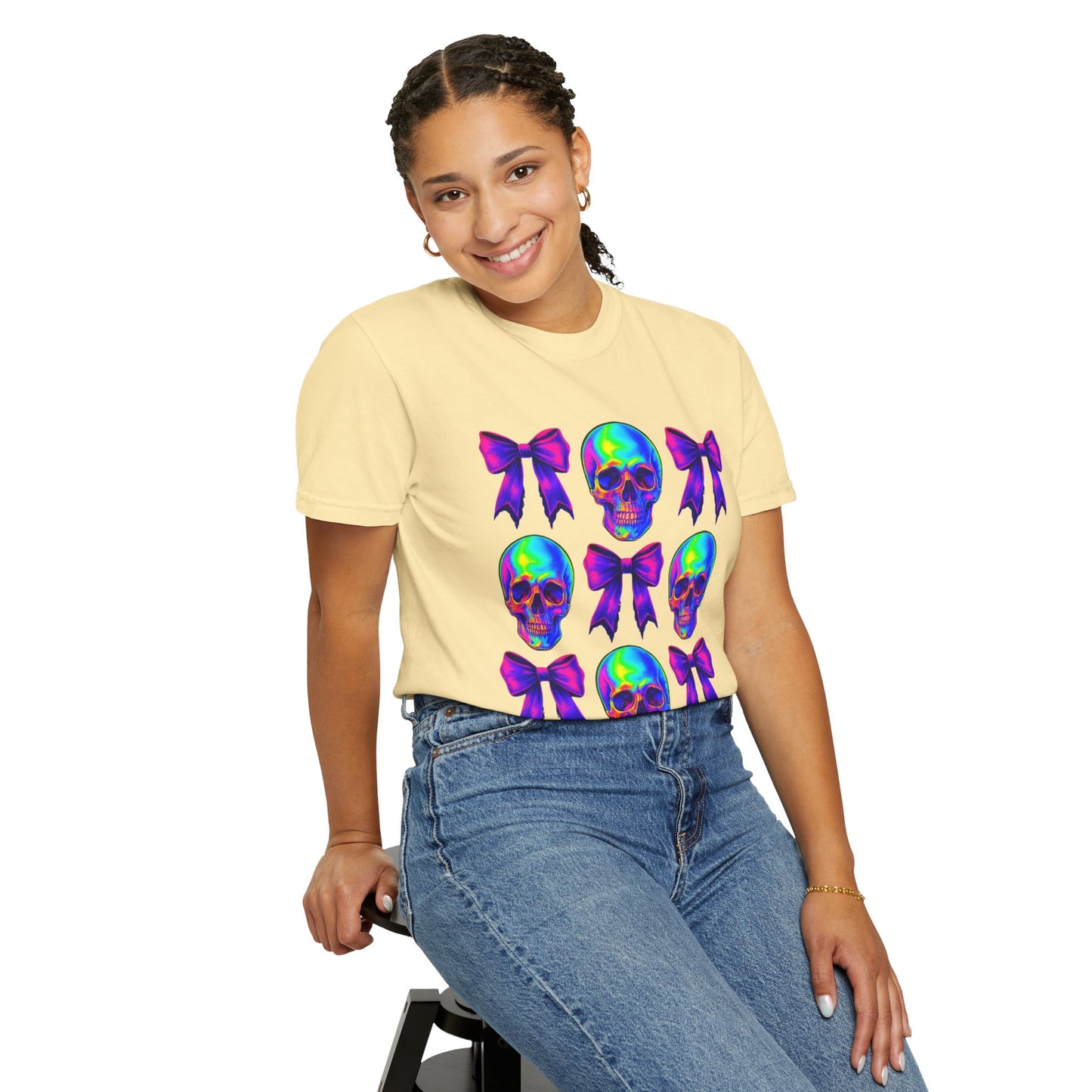 Neon Skull and Bow Unisex T-Shirt | Trendy Graphic Tee for Halloween, Festivals, Casual Wear, Gifts