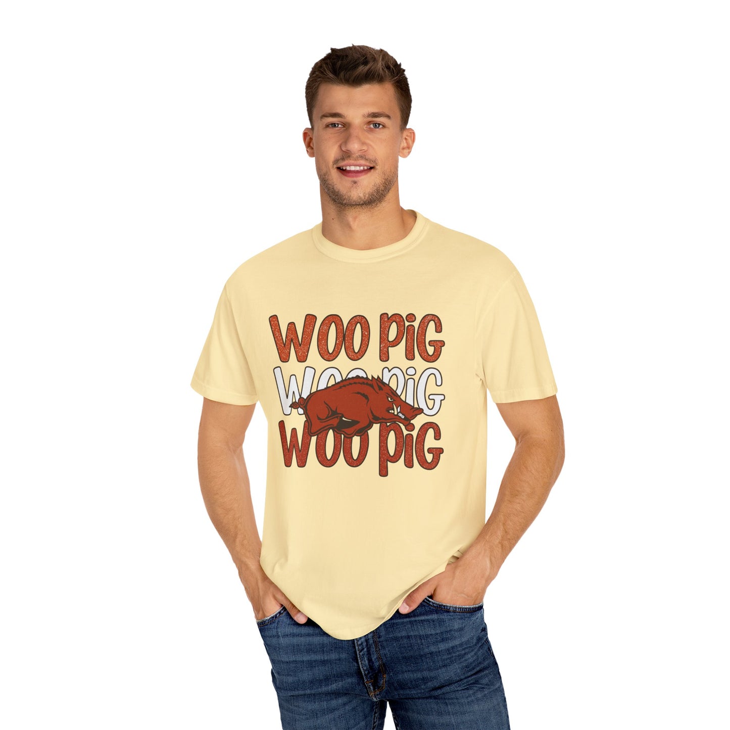 Woo Pig Garment-Dyed T-Shirt, Unisex Tee, Arkansas Pride Shirt, Casual Everyday Wear, College Game Day Tee, Fun Graphic Tee
