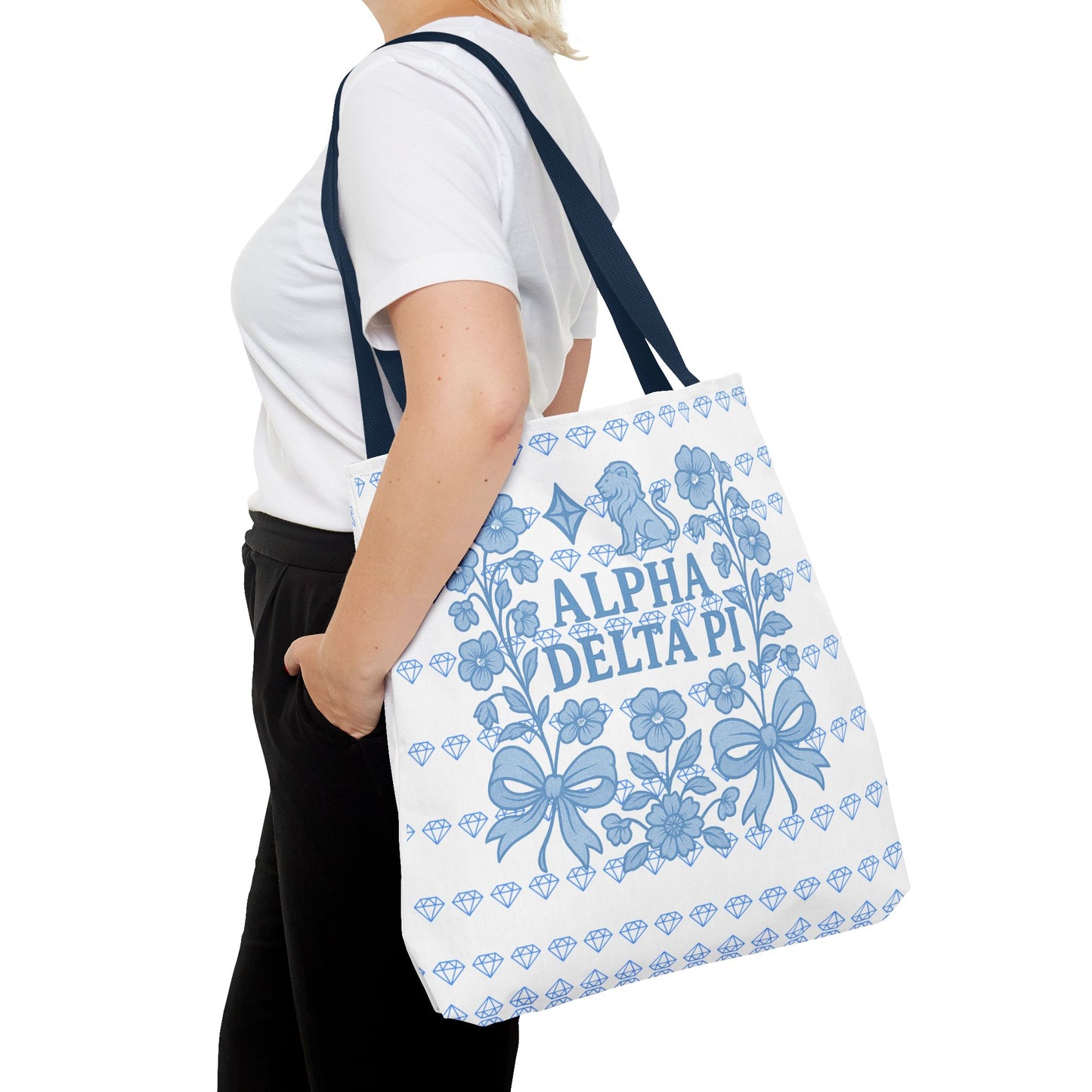 Alpha Delta Pi Floral Tote Bag - Stylish Sorority Accessory, Gift for College Students, Everyday Use, Blue Floral Design, AOP Style