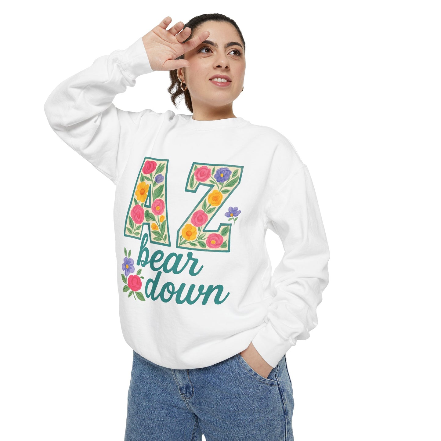 Arizona Floral Sweatshirt, Cozy Unisex Sweatshirt, Trendy Fall Layer, Gift for Him/Her, Sports Spirit Apparel, Bear Down AZ