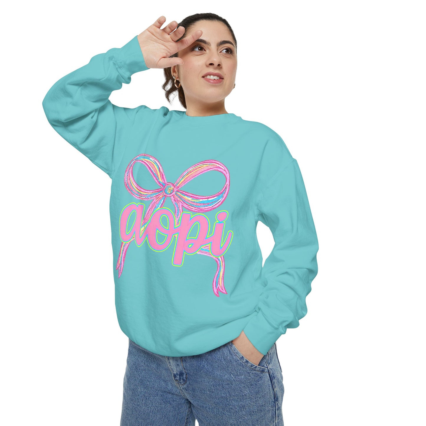 Pastel Bow Sweatshirt with aopi Design, Cozy Unisex Sweatshirt, Gift for Sorority Sisters, Casual Chic Apparel, Best Friend Outfit