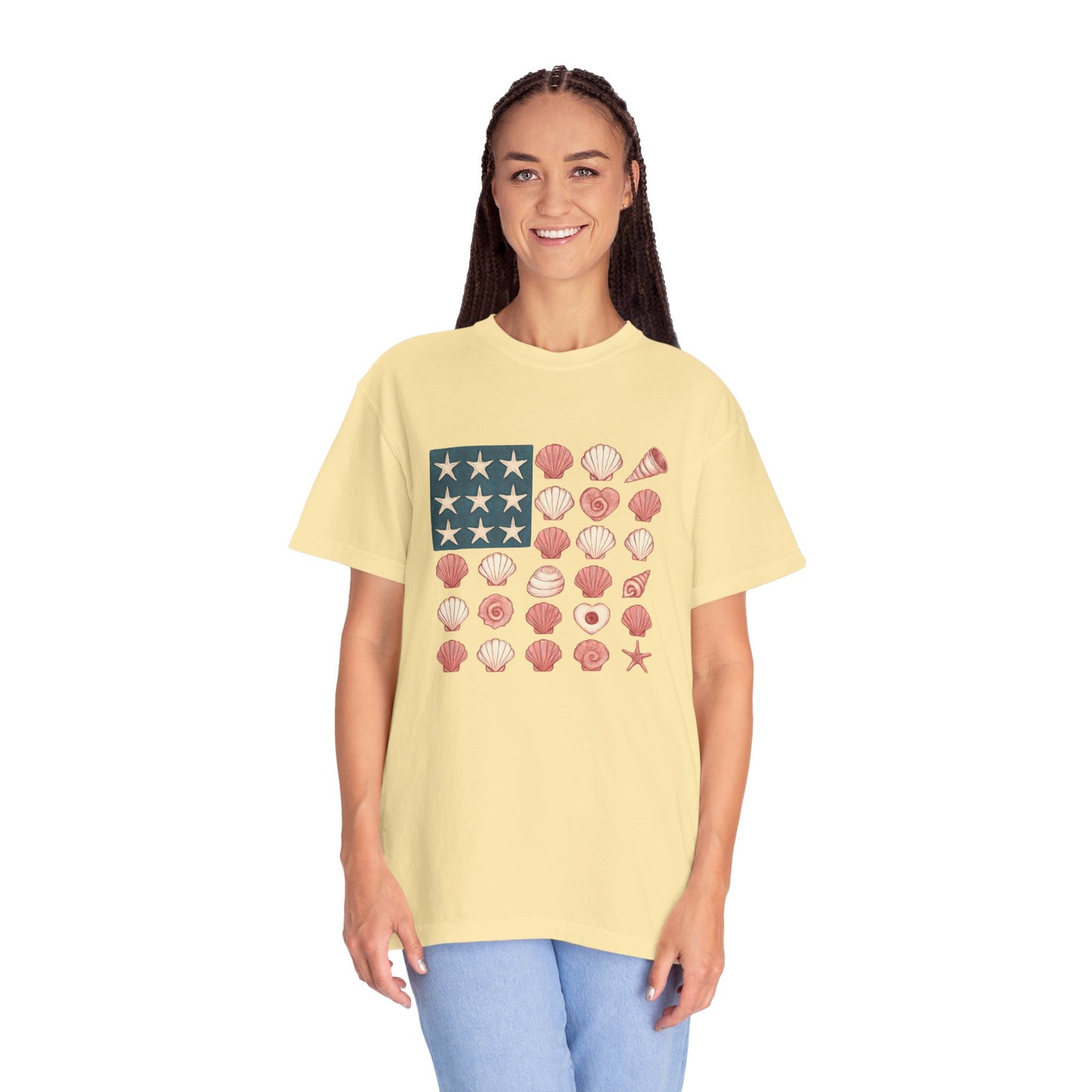 Comfort Colors-Seashell Flag T-Shirt, Unisex, American Flag, Beach Vibes, Nautical Gift, Summer Vibes, July 4th
