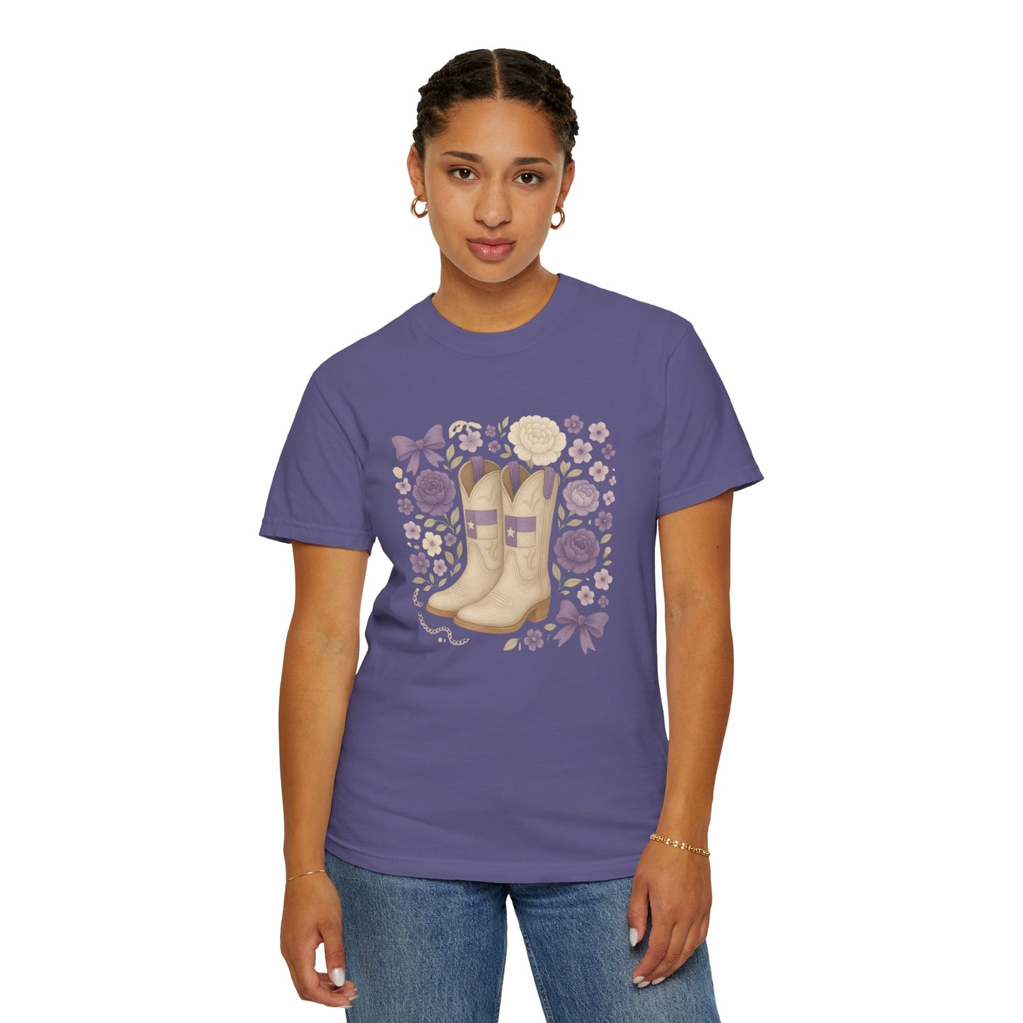 Whimsical Floral Boots Unisex T-Shirt | Casual Style, Gift for Her, Texas Christian University, TCU Frogs, Comfort Colors, Texas Fan gift, Graduation Gift